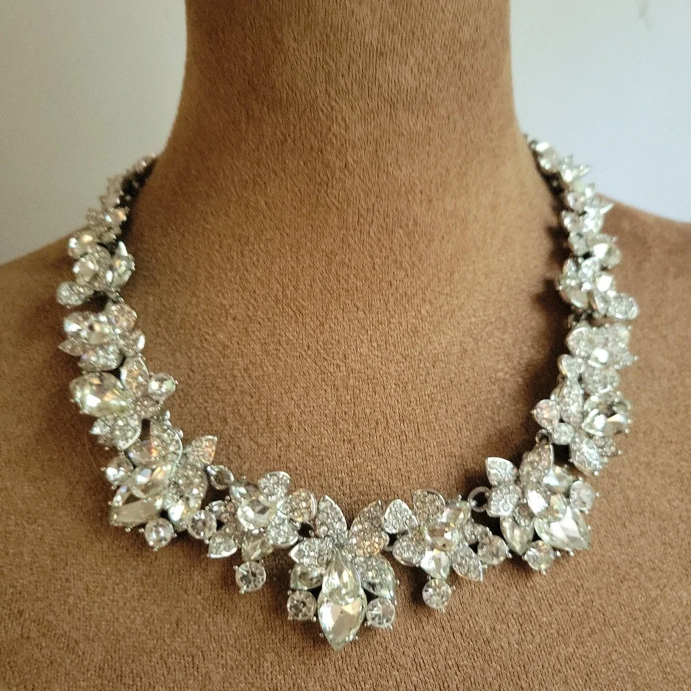 INC International Concepts Silver Tone Crystal Floral Statement Necklace Glam